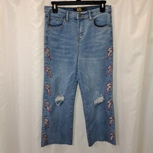 Lucky & Blessed Cropped Sz 8 Distressed Lightning Bolt Embroidered